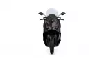 Front view of a black sport motorcycle with a large windshield on a white background