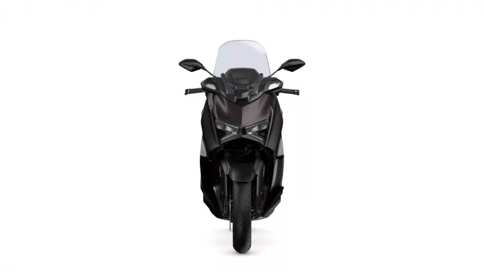 Front view of a black sport motorcycle with a large windshield on a white background