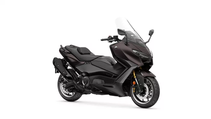 Dark Yamaha sport-t touring motorcycle photographed from the right-front side, showing windshield, dual-disc front brakes and sleek bodywork.
