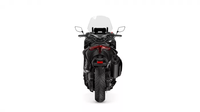 Rear view of a black sport motorcycle with a tall, translucent windscreen on a white background.
