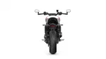 Rear view of a sport motorcycle centered on a white background, showing the thick rear tire, red-accented body, and handlebars with mirrors.