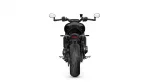 Rear view of a black motorcycle on a white background, showing the wide rear tire, taillight, and handlebars with mirrors on both sides