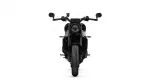 Front view of a black motorcycle head-on, showing the round headlight, handlebars, mirrors, and front tire against a white background