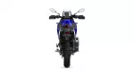 Rear view of a blue motorcycle showing taillight, rear tire, and exhaust against a white background.