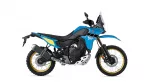 Blue Yamaha Tenere 700 rally off-road motorcycle shown in a side profile with gold rims and rugged tires.
