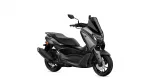 Front-right side view of a sleek gray Yamaha scooter with a tall windshield and disc brakes showing on the front wheel