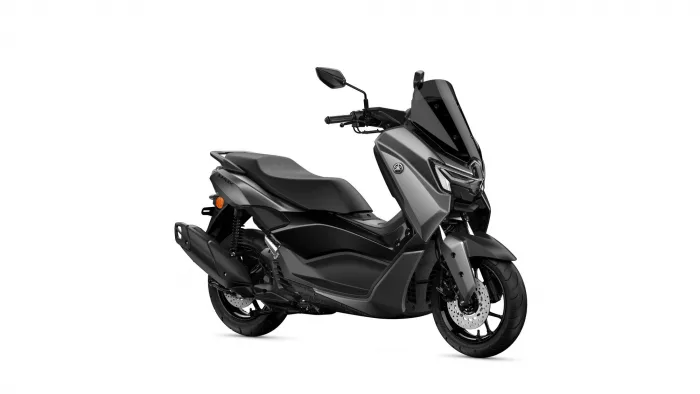 Front-right side view of a sleek gray Yamaha scooter with a tall windshield and disc brakes showing on the front wheel