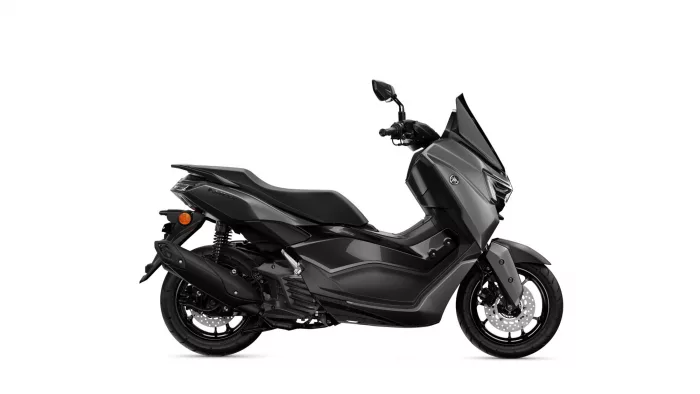 Side view of a dark gray Yamaha sport scooter with prominent front fairing and disc brakes, shown against a white background.