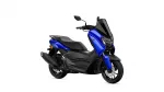 Blue Yamaha scooter shown in a front-right profile with a tall black windshield and black seat.