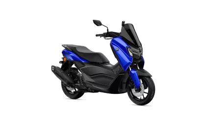 Blue Yamaha scooter shown in a front-right profile with a tall black windshield and black seat.