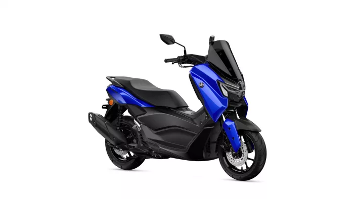 Blue Yamaha scooter shown in a front-right profile with a tall black windshield and black seat.
