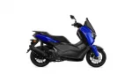 Blue and black Yamaha scooter shown in side profile, highlighting the front fairing and disc brakes on the wheel side edge of the image