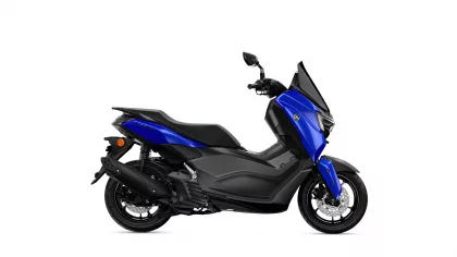 Blue and black Yamaha scooter shown in side profile, highlighting the front fairing and disc brakes on the wheel side edge of the image