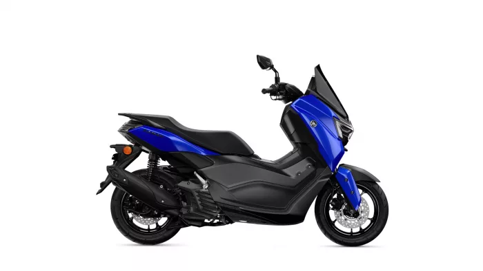 Blue and black Yamaha scooter shown in side profile, highlighting the front fairing and disc brakes on the wheel side edge of the image