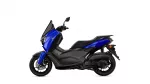 Side view of a blue Yamaha NMAX scooter with black chassis on a white background