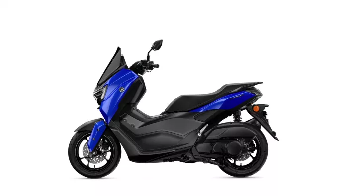 Side view of a blue Yamaha NMAX scooter with black chassis on a white background