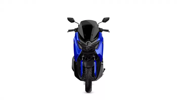 Front view of a blue sport motorcycle with a black windscreen and rear-view mirrors on both sides.