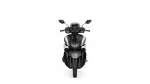 Front-on view of a black and gray sport scooter with mirrors, windscreen, and distinctive headlight cluster.