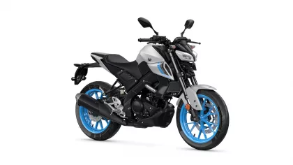 Sport motorcycle in silver/gray with bright blue rims, shown from the side.