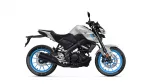 Sport motorcycle shown in profile: silver/black body with bright blue wheels and Yamaha logo on the tank