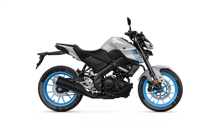 Sport motorcycle shown in profile: silver/black body with bright blue wheels and Yamaha logo on the tank