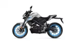 Side view of a silver and black sport motorcycle with blue rims and exposed engine details (left side).
