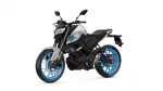 White and black sport motorcycle with bright blue rims, shown from a front-side angle with the Yamaha emblem visible on the fuel tank.