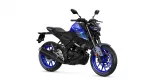 Blue Yamaha motorcycle with black frame and bright blue wheels, shown from a front-left angle against a white background, cropped to emphasize the midsection and front.