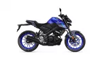 Blue-and-black sport motorcycle shown in side profile with exposed engine and blue rims, Yamaha branding visible on tank.