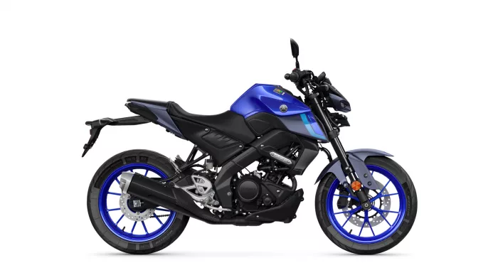 Blue-and-black sport motorcycle shown in side profile with exposed engine and blue rims, Yamaha branding visible on tank.