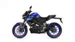 Side view of a blue and black Yamaha sport motorcycle with blue rims and exposed engine components, shown on a white background.