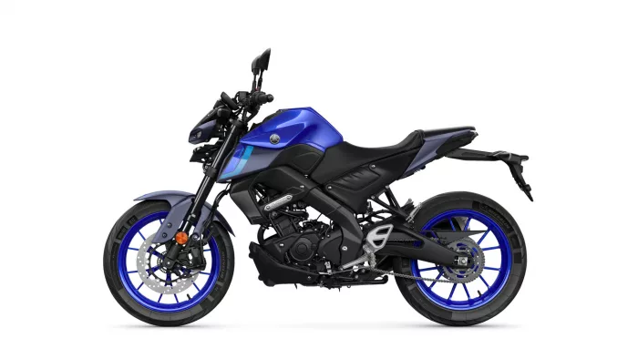 Side view of a blue and black Yamaha sport motorcycle with blue rims and exposed engine components, shown on a white background.