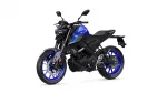 Blue and black sport motorcycle shown from a side-front angle with prominent front wheel and disc brakes.