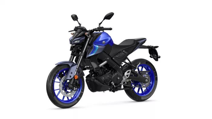Blue and black sport motorcycle shown from a side-front angle with prominent front wheel and disc brakes.