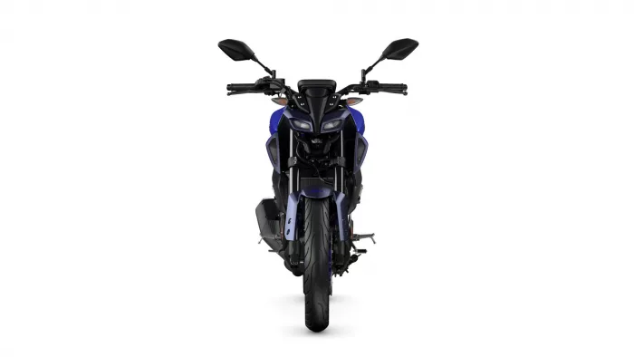 Front view of a blue sport motorcycle on a white background with black handlebars and mirrors visible from the rider’s position.