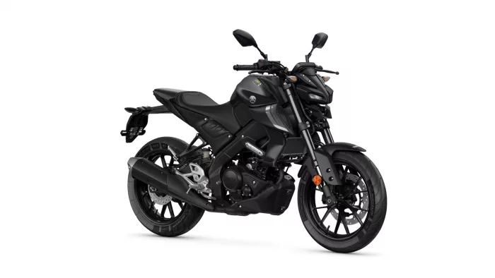 Side view of a black sport motorcycle on a white background, showing front forks, angular fairings, and exhaust.
