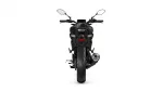 Rear view of a black sport motorcycle showing tail light, turn signals, and exhaust on the right side, against a white backdrop