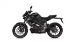 Left-side profile of a matte black Yamaha sport motorcycle, showing the fuel tank, seat, and engine details.