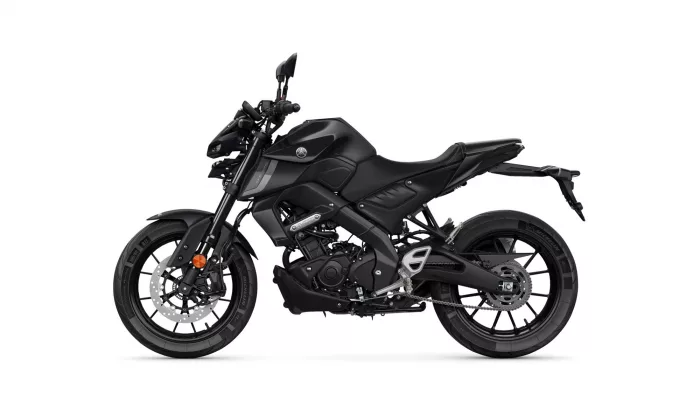 Left-side profile of a matte black Yamaha sport motorcycle, showing the fuel tank, seat, and engine details.