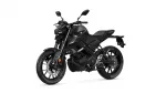 Black sport motorcycle in a three-quarter view, showing front wheel, dual discs, and Yamaha emblem on the fuel tank.