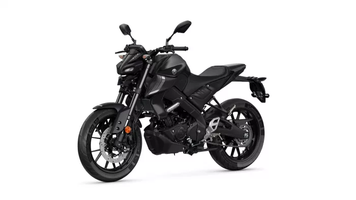 Black sport motorcycle in a three-quarter view, showing front wheel, dual discs, and Yamaha emblem on the fuel tank.