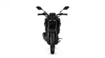 Front view of a black Yamaha sport motorcycle with dual headlights, wide handlebars, and mirrors on a white background.