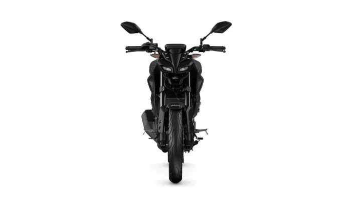 Front view of a black Yamaha sport motorcycle with dual headlights, wide handlebars, and mirrors on a white background.