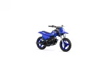 Blue Yamaha dirt bike shown from a front-side angle with knobby tires and a black exhaust, brand name on the side panel