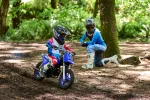 Two young riders wearing full protective gear ride dirt bikes through a sunlit forest trail, one in front on a blue bike and another behind in blue gear.