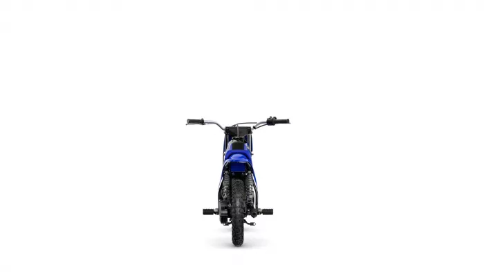Front view of a blue dirt bike with knobby tires and wide handlebars on a white background.