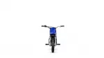 Front view of a blue dirt bike facing the camera, handlebars visible and knobby front tire on a white background.
