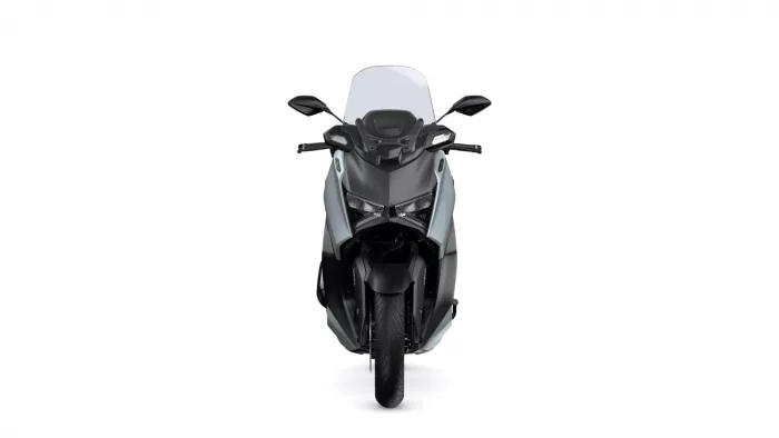 Front view of a gray and black sport motorcycle with a clear windshield and dual headlights in a symmetric stance, head-on view.