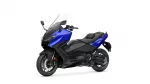 Blue Yamaha sport motorcycle with a clear windshield on a white background (side view)