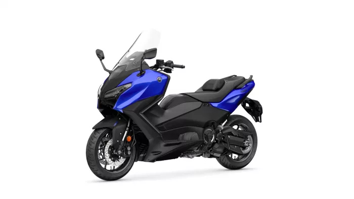 Blue Yamaha sport motorcycle with a clear windshield on a white background (side view)